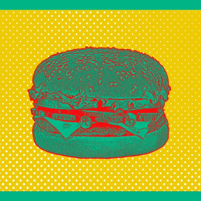 An Andy Warhol style graphic of a cheeseburger that is green with red outlines and set against a yellow background with white polka dots on it.