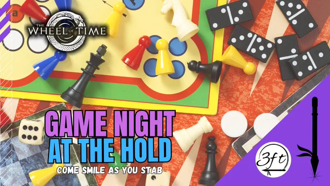 Game Night at the Hold. Come Smile as You Stab. A image of a bunch of board game pieces, dice and chess pieces. 