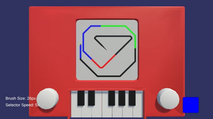 A screenshot of etch-a-key, a videogame where you use a keyboard synth to control a digital etch-a-sketch.