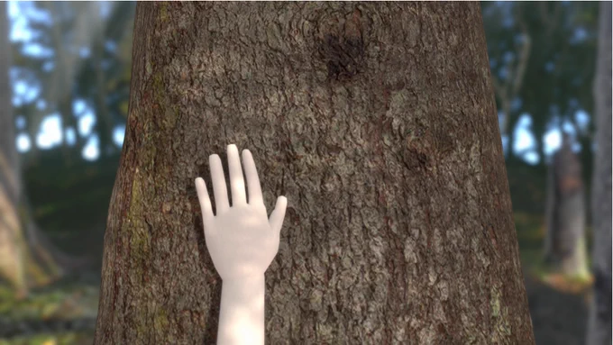 A screenshot of Life Runs Through showing a hand gently resting on the trunk of a beautiful tree.
