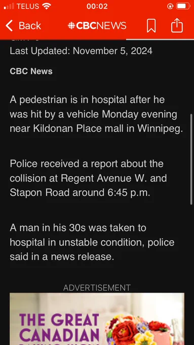 A pedestrian is in hospital after he was hit by a vehicle Monday evening near Kildonan Place mall in Winnipeg.
Police received a report about the collision at Regent Avenue W. and Stapon Road around 6:45 p.m.
A man in his 30s was taken to hospital in unstable condition, police said in a news release.