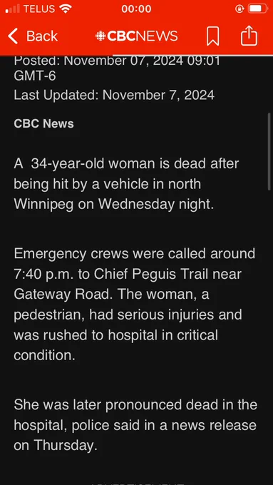 A 34-year-old woman is dead after being hit by a vehicle in north Winnipeg on Wednesday night.
Emergency crews were called around 7:40 p.m. to Chief Peguis Trail near
Gateway Road. The woman, a pedestrian, had serious injuries and was rushed to hospital in critical condition.
She was later pronounced dead in the hospital, police said in a news release on Thursday.