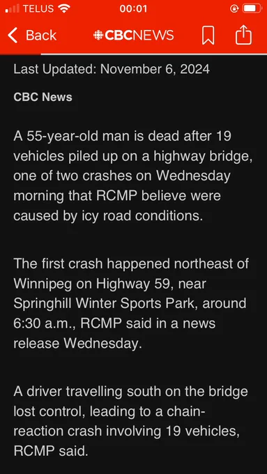 A 55-year-old man is dead after 19 vehicles piled up on a highway bridge, one of two crashes on Wednesday morning that RCMP believe were caused by icy road conditions.
The first crash happened northeast of Winnipeg on Highway 59, near Springhill Winter Sports Park, around 6:30 a.m., RCMP said in a news release Wednesday.
A driver travelling south on the bridge lost control, leading to a chain-reaction crash involving 19 vehicles,
RCMP