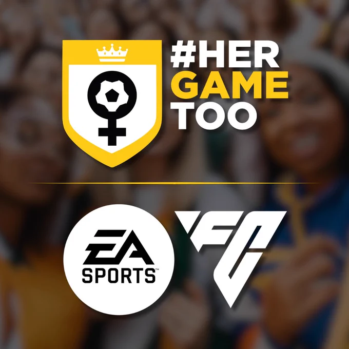 Her Game Too and EA Sports FC partnership graphic showing both logos
