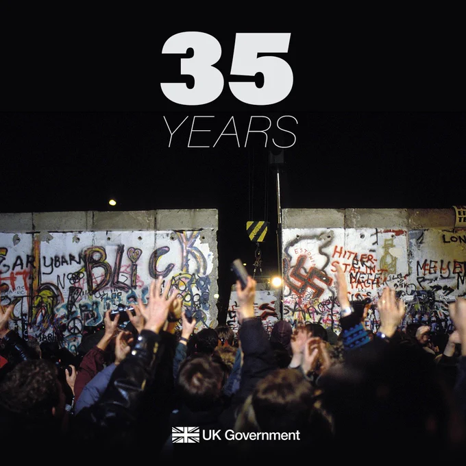 Image of Berlin Wall on 9 November 1989 with text: 35 years.