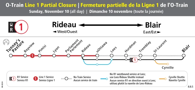 EN: Map showing O-Train Line 1 and R1 bus service routing.  