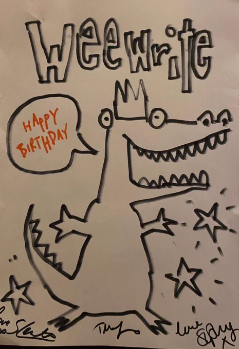 Cartoon drawing of crocodile in party hat saying Happy Birthday in speech bubble. and heading Wee Write above.