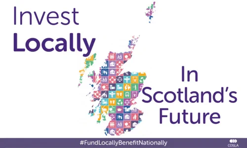 An illustrated image showing a map of Scotland. Text reads: Invest Locally In Scotland's Future.