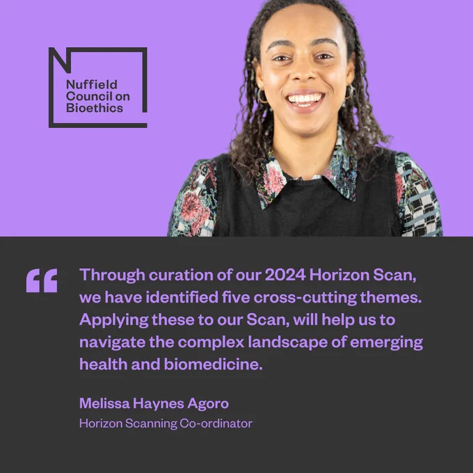 Quote from Melissa Haynes Agoro, Horizon Scanning Coordinator - "Through curation of our 2024 Horizon Scan, we have identified five cross-cutting themes. Applying these to Scan, will help us to navigate the complex landscape of emerging health and biomedicine."