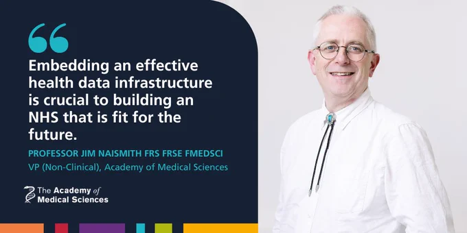 Quote card reading "Embedding an effective health data infrastructure is crucial to building an NHS that is fit for the future", from Academy Vice President (Non-Clinical) Professor Jim Naismith.
