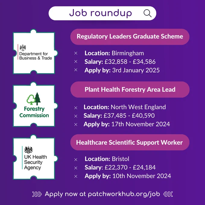Dark purple background with a slight gradient. The logos of the Department for Business & Trade, the Forestry Commission, and the UK Health & Security Agency sit within puzzle pieces. To the right of the Department for Business & Trade logo, text reads ‘Regulatory Leaders Graduate Scheme. Location: Birmingham. Salary: £32,858 - £34,586. Apply by: 3rd January 2025. To the right of the Forestry Commission logo, text reads ‘Plant Health Forestry Area Lead. Location: North West England. Salary: £37,485 - £40,590. Apply by: 17th November 2024. To the right of the UK Health & Security Agency logo, text reads ‘Healthcare Scientific Support Worker. Location: Bristol. Salary: £22,370 - £24,184. Apply by: 10th November 2024’. At the top of the image text reads ‘Job roundup’, and at the bottom ‘Apply now at patchworkhub.org/job’.