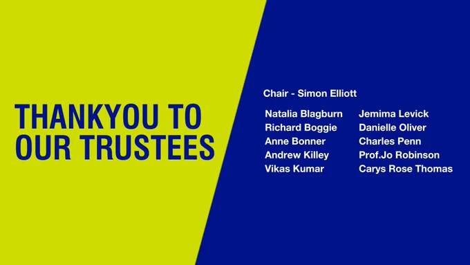 Text reads Thankyou to our Trustees. Chair-Simon Elliott, Natalia Blagburn, Richard Boggie, Anne Bonner, Andrew Killey, Vikas Kumar, Jemima Levick, Danielle Oliver, Charles Penn, Prof. Jo Robinson, Carys Rose Thomas