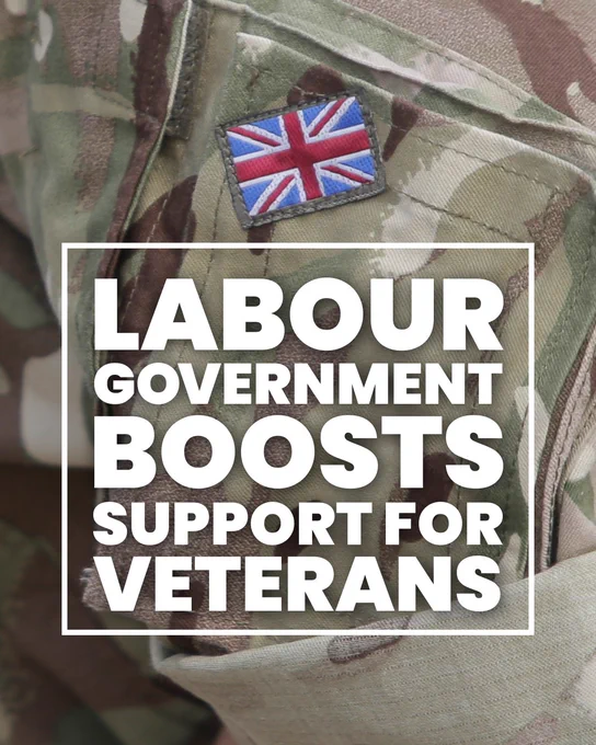 Armed forces uniform. Text reads: Labour government boosts support for veterans