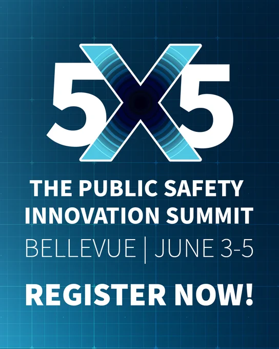 Blue checked background. Words on square say: 5x5 The Public Innovation Summit, Bellevue, June 3-5, REGISTER NOW!