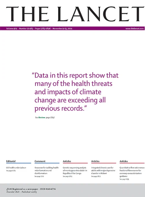 Cover of The Lancet's Nov 9, 2024 issue. Quote on cover reads: "Data in this report shows that many of the health threats and impacts of climate change are exceeding all previous records."