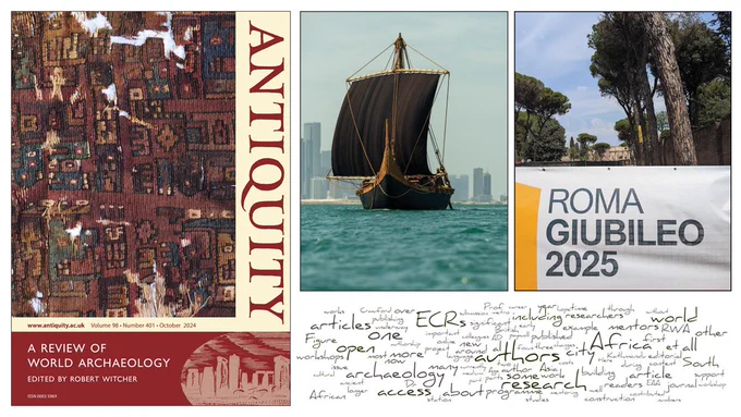 Antiquity October cover, the ‘Magan Boat’ (c) Zayed National Museum, a street scene in Rome, and a word cloud