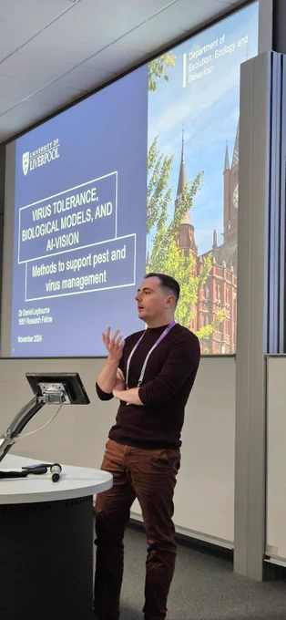 Daniel Leybourne, University of Liverpool, presenting a talk on 'Crop resistance, biological models, and AI-vision: Technologies to support 
the sustainable management of vectors and disease in agricultural 
systems'