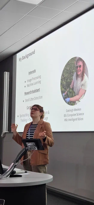 Oakleigh Weekes, University of Sheffield, presenting a talk on 'Computer vision for pest understanding extracting knowledge on sustainable SWD control methods via 3D free-flight tracking '