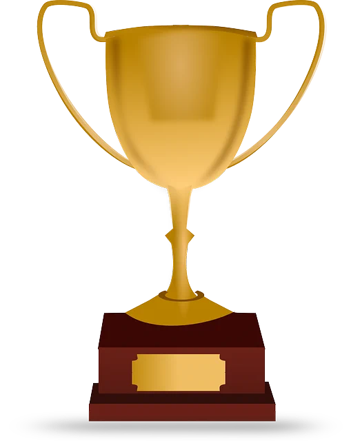 A two handles trophy on a small wooden base with a plaque on one side.
