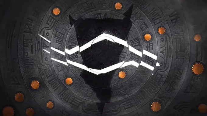A mysterious symbol showing an inverted black triangle with white, jagged lines cutting across it. Around it are yellow circles and mysterious glyphs or writing on concentric stone rings. It's from Dragon Age: The Veilguard's secret post-credits scene. What does it reference - the Executors?