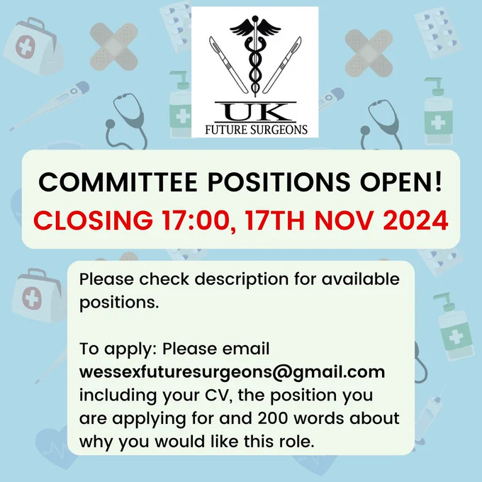 Committee members are expected to demonstrate contribution throughout the year and should be aiming to attend meetings regularly when possible, in order to gain a certificate at the end of the year.

Vice-President - To support the work of the president, oversee committee events and chair meetings when the president is not available. 

Secretary - Set monthly meetings and take minutes. Support with organising and hosting events

Treasurer - Ongoing management of committee bank account 

Registrar Representative - expected to help with CST interview day and running events aimed at SHOs/core trainees

Core-Trainee Representative - organise running CST mock interview day

Foundation Doctor Representative - organise medical student outreach sessions, such as FY1 crash course

Medical Student Representative - Support other committee roles in organising and running events