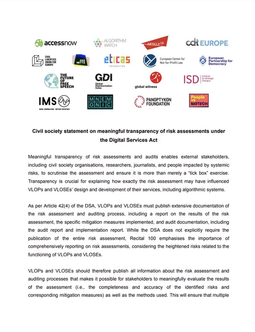 Civil society statement on meaningful transparency of risk assessments under the Digital Services Act.