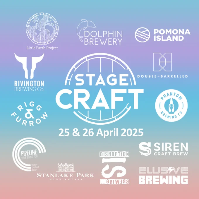 The StageCraft Festival logo in white on a pastel rainbow gradient background, with the dates of the event 25 and 26 April 2025 underneath it. It is surrounded by the logos in white of all the breweries announced so far for the festival, which are Dolphin Brewery, Double Barrelled, Elusive Brewing, Pomona Island, Phantom Brewing, Siren Craft Brew, Disruption is Brewing, Stanlake Park Wine Estate, Pipeline Brew Co., Rigg & Furrow, Rivington Brewing Co. and Little Earth Project.