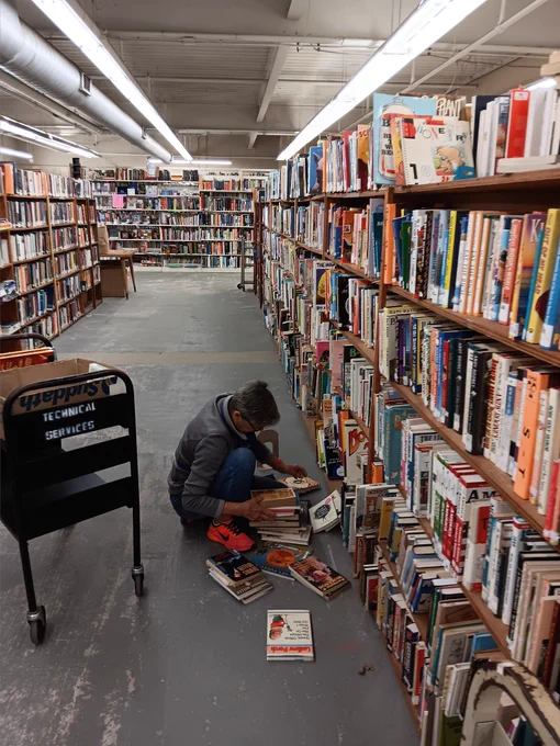 a person kneeling down among rows of books on shelves