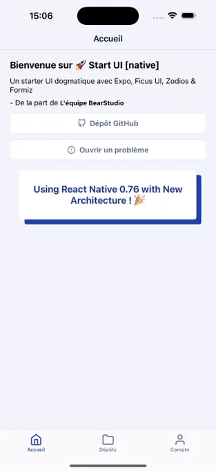 Start UI native application using the new React Native 0.76 architecture. We can see the starter on the home page. Some French text describing the starter are in the screenshot. We can see boxShadow that is a new feature.