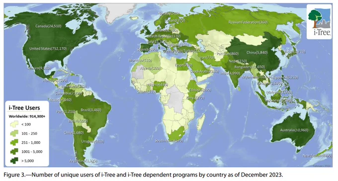 Figure 3.—Number of unique users of i-Tree and i-Tree dependent programs by country as of December 2023.