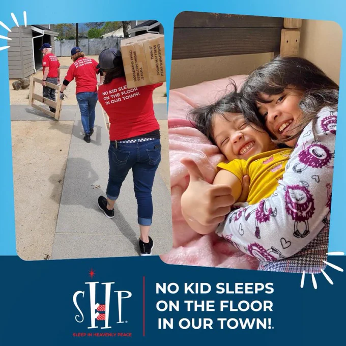 A photo of three volunteers delivering a kid a bed, and a photo of two siblings snuggling in new bed. No Kid Sleeps On The Floor On Our Town!
