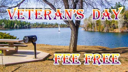 Boat on lake with picnic site in the foreground. Text reads: Veterans Day Fee Free