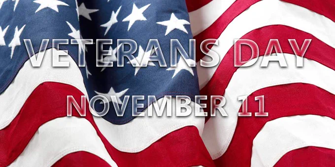 American flag. Text reads 'Veterans Day November 11'