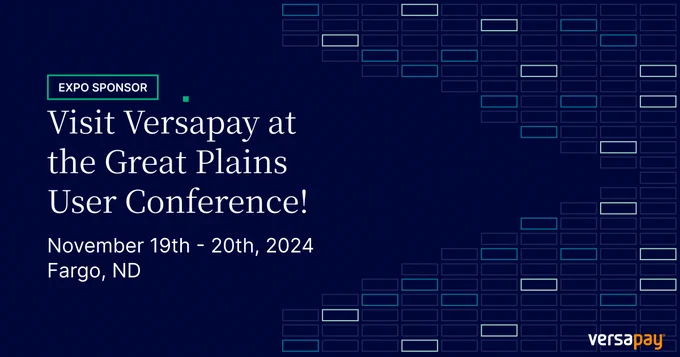Promotional image for the Great Plains User Conference, sponsored by Versapay. The event is scheduled for November 19th to 20th, 2024, in Fargo, ND. The background features abstract geometric shapes in blue tones.