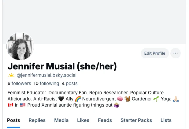 Screenshot of my bluesky profile. @jennifermusial.bksy.social
