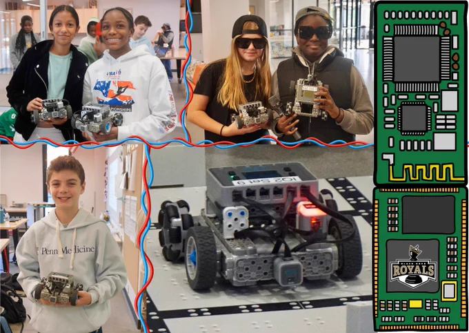 A collage of images of smiling students holding their robots, as well as one image of a robot making its way through the course. 