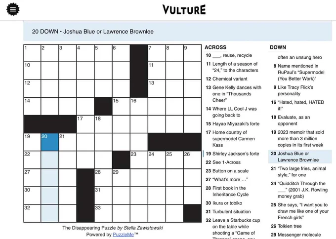 A crossword puzzle in which "Joshua Blue or Lawrence Brownlee" is the clue for 20 down 