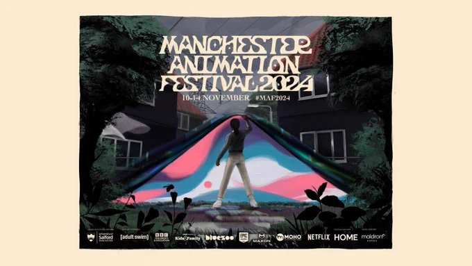 Text reads: ‘Manchester Animation Festival 2024, 10-14 November’. Animated scene shows person holding a landscape background up like a curtain, revealing colourful stripes.