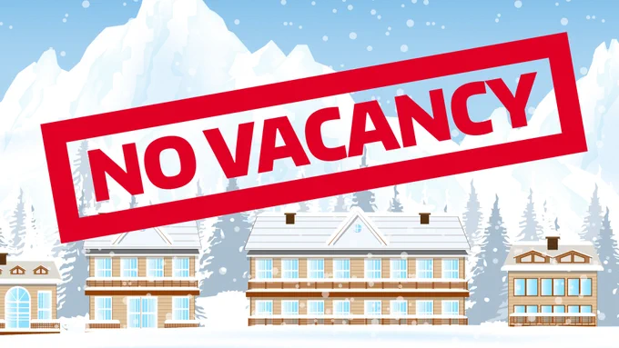 text, "No Vacancy" snowy cartoon hotels