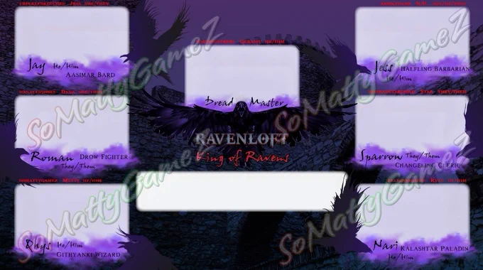 Twitch overlay done in blacks and purples with mists and raven silhouettes for a Ravenloft stream