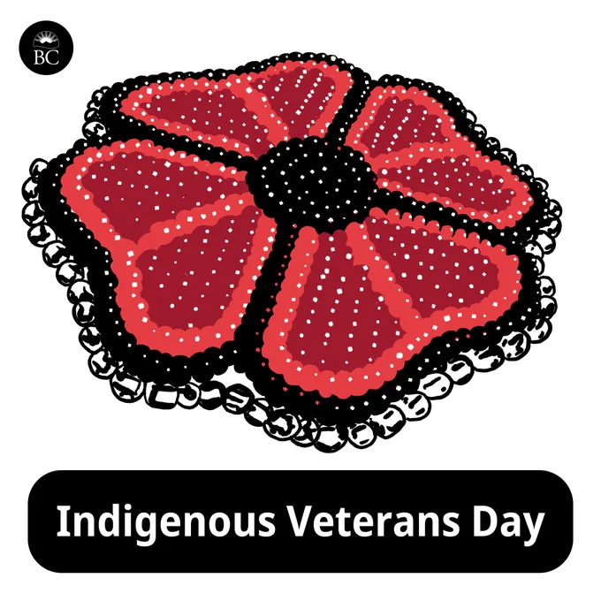 Drawing of indigenous beaded poppy, with text Indigenous Veterans Day
