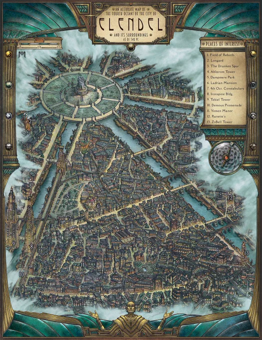 Elendel map by Marco Bernardini, from the upcoming Mistborn World Guide 