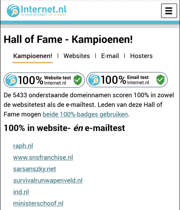 Schermafdruk van webpagina https://internet.nl/halloffame/
Volg de link om de hele lijst door te nemen.