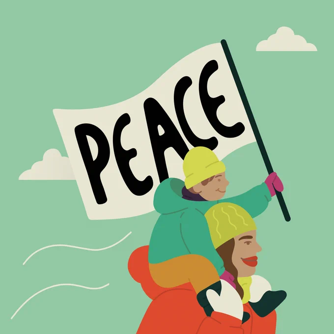 An illustration of a child on their mother's shoulders, holding a flag that says peace. They are going to a peaceful protest. They are wearing puffy jackets, mittens, and hats.  