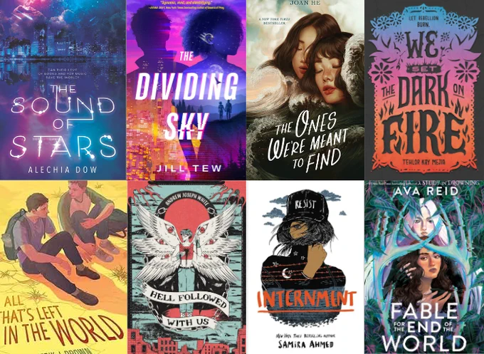 from left to right:
The Sound Of Stars by Alechia Dow
The Dividing Sky by Jill Tew
The Ones We're Meant To Find by Joan He
We Set The Dark On Fire by Tehlor Kay Mejia
All That's Left In The World by Erik J Brown
Hell Followed With Us by Andrew Joseph White
Internment by Samira Ahmed 
Fabel For The End Of The World by Ava Reid 