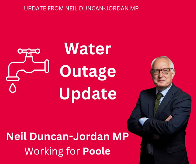 A red graphic with a photo of Neil wearing a suit. The text says water outage update and a graphic of a tap. 