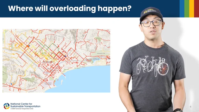 Screenshot of the mini lecture video. Dr. Alan Jenn is shown in front of a slide titled "Where will overloading happen?" with an image of grid capacity in Santa Barbara, CA.