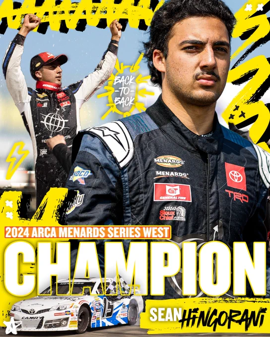 A graphic featuring Sean Hingorani, the 2024 ARCA Menards Series West champion.