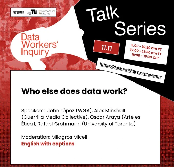 Flyer for the event, with white, black and red backgrounds. The title is "Who else does data work?" and the event is in English with captions. The rest of the flyer details the time of the event and the speakers.