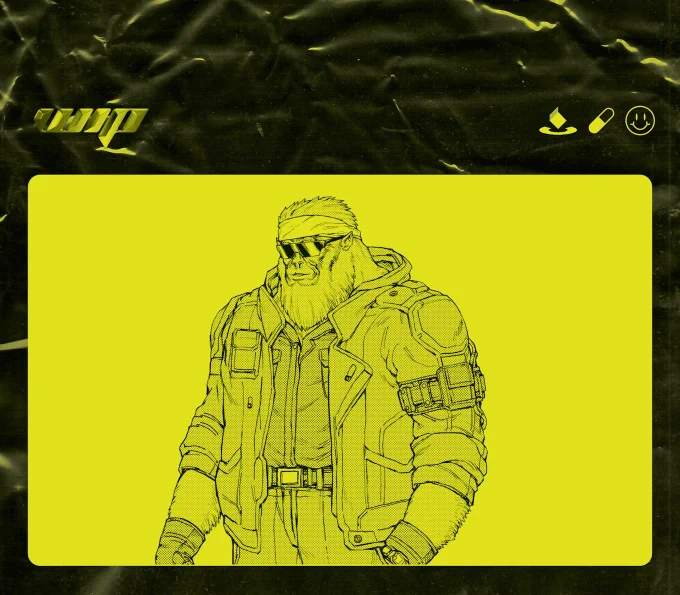 Depiction of a sentient, howler monkey humanoid dripped out in cyberpunk-esque gear.